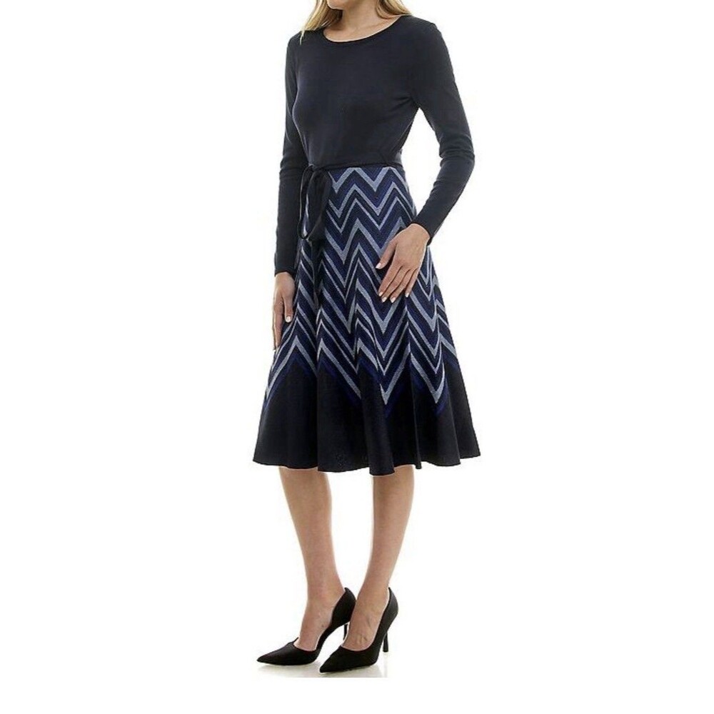 Taylor Blue Feminine Belted Knit Midi Sweater Dress Size Large - Picture 5 of 16